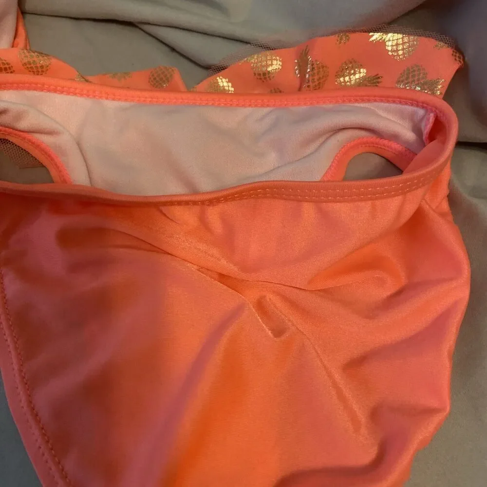 Real Love Coral 2-Piece‎ Girls Size 4T Swimsuit W/Metallic Gold Pineapple Design